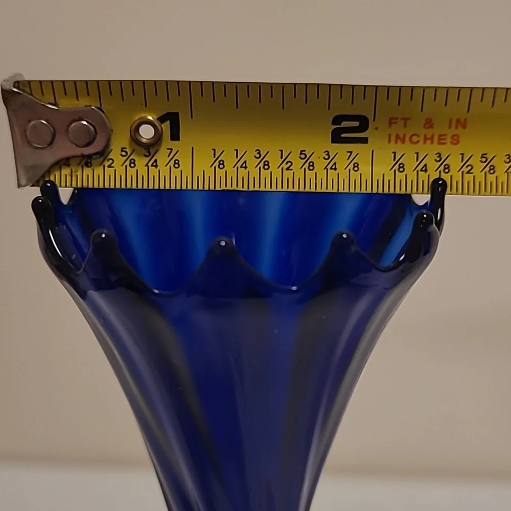 Vintage Cobolt Blue Twisted Body Scalloped Rim Glass Vase